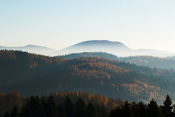 Obraz premium View of Mountain Lackowa (997 msl) in Low Beskids at sunrise