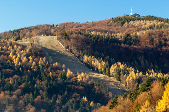 Jaworzyna Mountain (1114 msl) in Beskids late autumn at sunrise