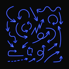 Vector Neon Drawn Arrows, Design Element Set, Blight Blue Arrows Isolated.