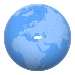 Turkey on the globe. Earth centered at the location of the Republic of Turkey. Map of Turkey. Includes layer with capital cities.
