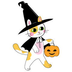 Cute cat with a pumpkin. Isolated. Vector illustration. Halloween theme.