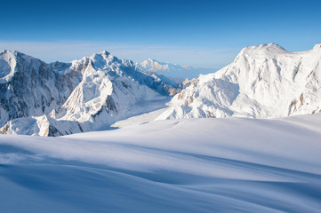 Fototapeta na wymiar Snow covered Nanga Parbat mountains and glacier in the Karakoram mountains range 