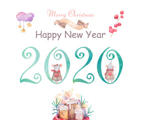 Cute cartoon christmas rat mouse christmas card. Watercolor hand drawn animal illustration. New Year 2020 holiday drawing illustration. Symbol 2020 characters set