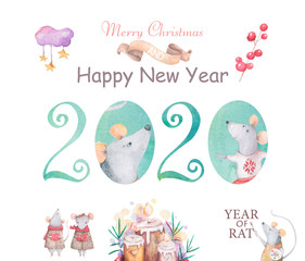 Cute cartoon christmas rat mouse christmas card. Watercolor hand drawn animal illustration. New Year 2020 holiday drawing illustration. Symbol 2020 characters set