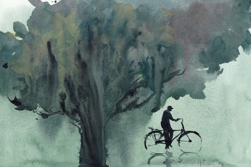 bicycle and tree watercolor illustration hand drawn