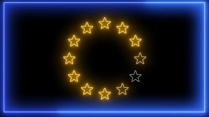 Neon Europa Union flag. Blue EU symbol with yellow stars.