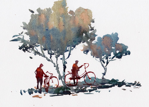 tree and bicycle illustration watercolor painting