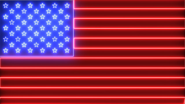 Neon United States of America flag. Red stripped and blue stars, USA flag with glowing neon, led light. 