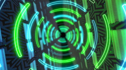 Abstract creative neon, led tunnel with round, circular shapes. Futuristic floor, hall, stage with rotating perspective.