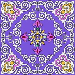 Vector seamless pattern with bright ornament. Lilac background. Exquisite swirl geometric decor for wallpapers and tiles.