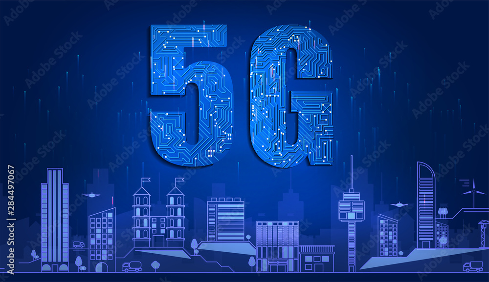 Poster 5g technology with circuit board is background. 5g network wireless systems and smart city communica