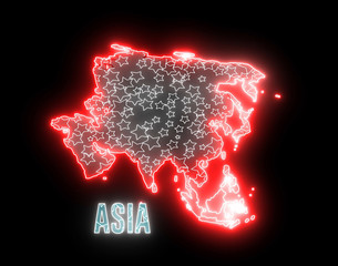 neon map of Asia continent. Shiny, glow light outline of Asian geography. 