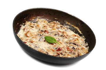Cooking Mushroom Sauce with Bacon. Isolated with clipping path.