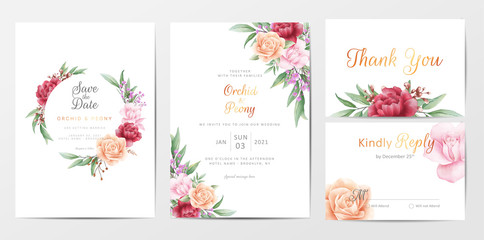 Fototapeta na wymiar Romantic foliage wedding invitation cards template set