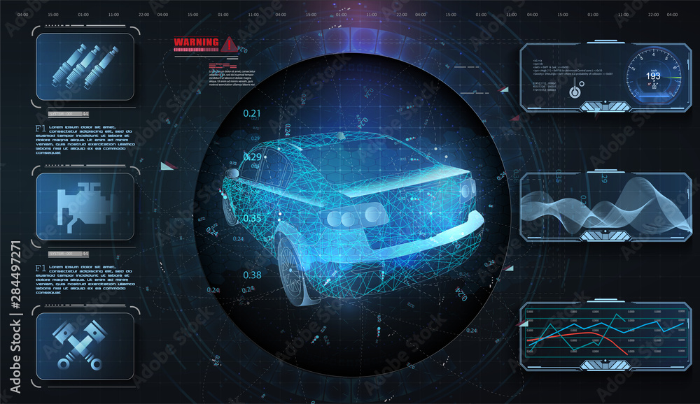 Poster hologram car style in hud, ui, gui. hardware diagnostics. futuristic car service, scanning and auto 