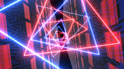 Futuristic neon triangular tunnel. Glowing led light and moving, rotating camera. Magnificent 3D rendering.