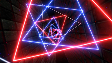 Futuristic neon triangular tunnel. Glowing led light and moving, rotating camera. Magnificent 3D rendering.