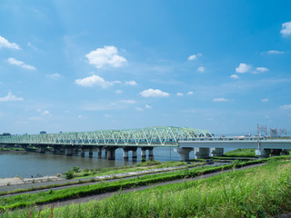 真夏の青空と荒川にかかる鉄道の鉄橋　埼玉県川口市の風景　8月