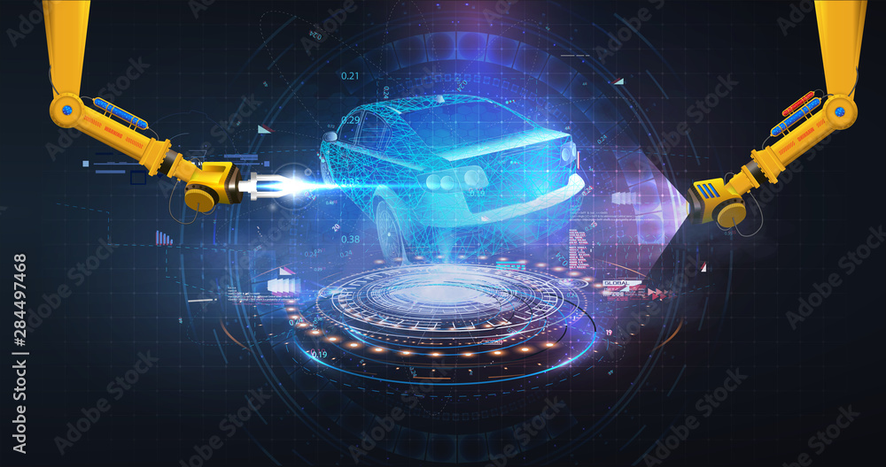 Aufkleber futuristic automated robotic arm on the car production line is welding body on automobile factory. a