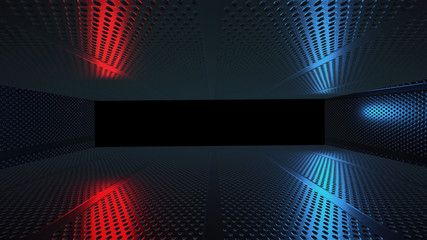 Abstract creative neon metal tunnel with red, blue light. Alpha channel end of tunnel, beautiful 3D rendering. 
