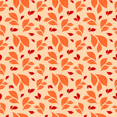 On a beige background, red and orange compositions from stylized vector leaves, autumn background.