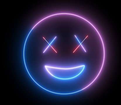 Neon emoji face, smiling sign. Web character with neon, glowing light. Isolated smiley face.