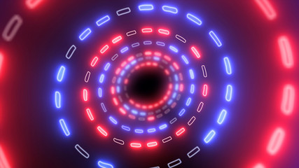 Abstract creative neon technology tunnel with round HUD. Colorful 3D stage rendering with alpha channel black screen. 