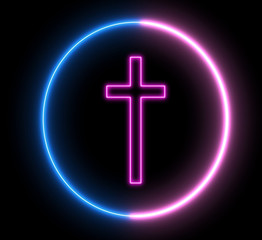 Neon crucfix, religion concept. Inside swirling round, sign of Christianity. 