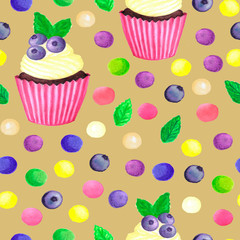 pattern of watercolor colored dots cupcake with blueberries