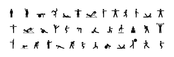 Gymnasium icons, people athletes do various exercises, fitness, gymnastics, and strength exercises. Pictogram, stick figure man.
