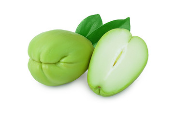 fresh Chayote vegetable or mexican cucumber with leaf isolated on white background