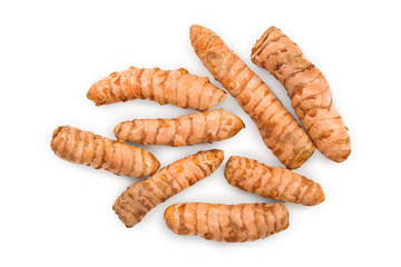 Turmeric root isolated on white background. Top view. Flat lay