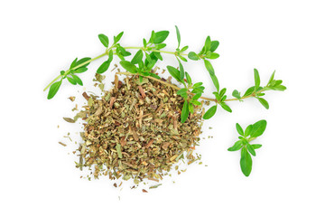Green thyme with dried thyme leaves isolated on white background close up