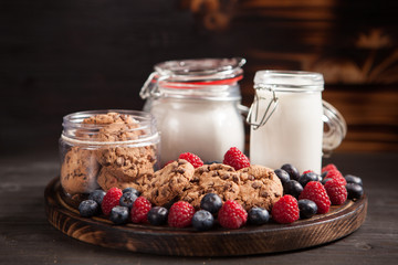 Food composition of tasty and delicious chocolate chips with fresh milk