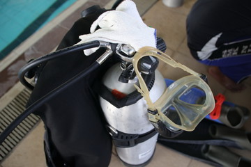 Various diving equipment, which will be used for diving practice in a swimming pool in Batang / Central Java in Indonesia