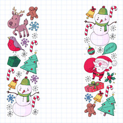 Christmas winter party. Happy new year. Bullfinch, Santa Claus, snowman, deer. Presents and candy.