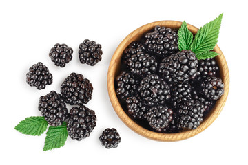 blackberry in bowl with leaf isolated on a white background closeup