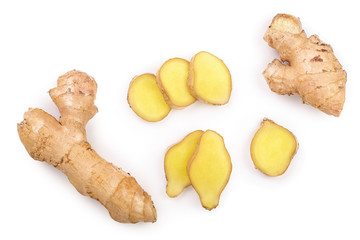 fresh Ginger root and slice isolated on white background. Top view. Flat lay
