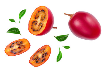 Fresh tamarillo fruit with leaves isolated on white background. Top view. Flat lay