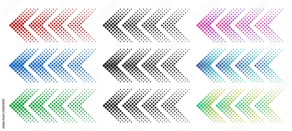 Poster halftone arrows. color web arrow with dots. colorful dotted moving forward and download symbols. dir