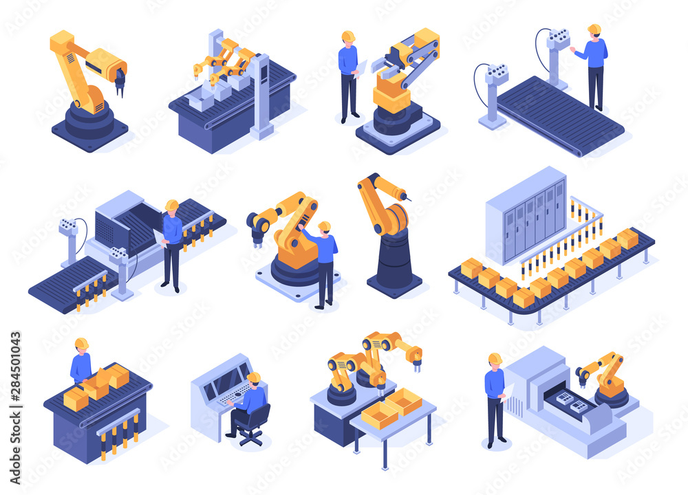 Aufkleber isometric industrial robots. assembly line machines, robotic arms with engineer workers and manufact