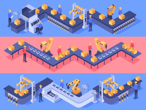Isometric industrial factory automated line. Packaging conveyor equipment, automation line and industry factories. Automated conveyor system, manufacturing or assembly plant vector illustration