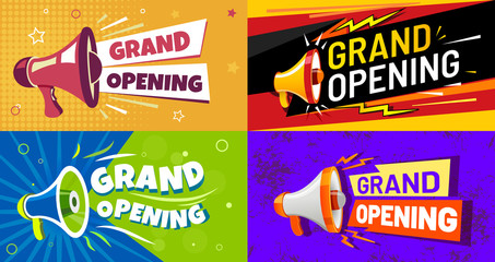 Grand opening banners. Invitation card with megaphone speaker, opened event and opening celebration advertising flyer. Premium invitations to store open ceremony, announcement card vector set
