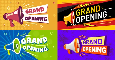 Fotobehang Grand opening banners. Invitation card with megaphone speaker, opened event and opening celebration advertising flyer. Premium invitations to store open ceremony, announcement card vector set © Tartila