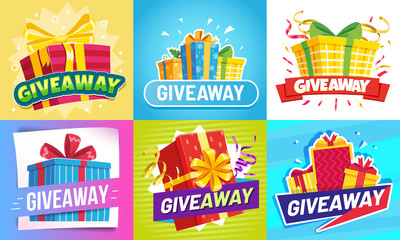 Giveaway post. Give away gifts, winner reward and gift prize draw social media posts. Announcement gifts posters, internet blogger or shop random quiz event flyer vector illustration set