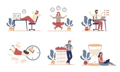 Working time planning. Work schedule, organize works productivity and tasks time management. Office work time activities, it team productive deadline plan. Flat isolated icons vector illustration set