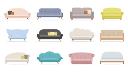 House sofa. Comfortable couch, minimalist modern sofas. Luxury classic apartment furniture, comfortable domestic interior decor sofa with pillow. Flat vector isolated illustration icons set