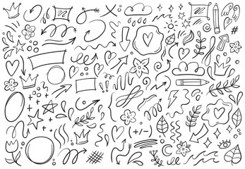 Decorative doodles. Hand drawn pointing arrow, outline shapes and doodle frames. Ink signs decoration ornament, line curved arrow, heart and circle sketch isolated vector illustration symbols set - obrazy, fototapety, plakaty