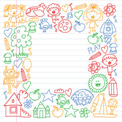 Fototapeta na wymiar Time to adventure. Imagination creativity small children play nursery kindergarten preschool school kids drawing doodle icons pattern, play, study, learn with happy boys and girls Let's explore space