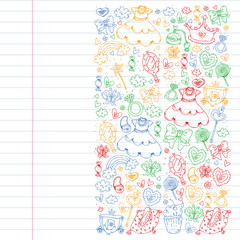 Princess birthday party for little girls. Kindergarten, school children picture. Illustration for children with castle, fairy, dress, crown.